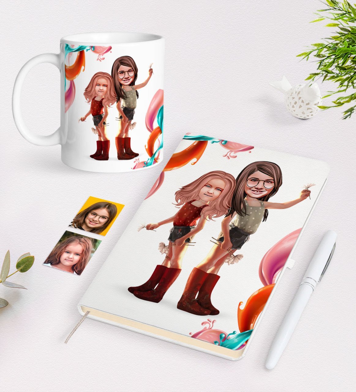 Kişiye Özel Kız Kardeşler Karikatürlü Beyaz Defter Kalem ve Kupa Hediye Seti-5
