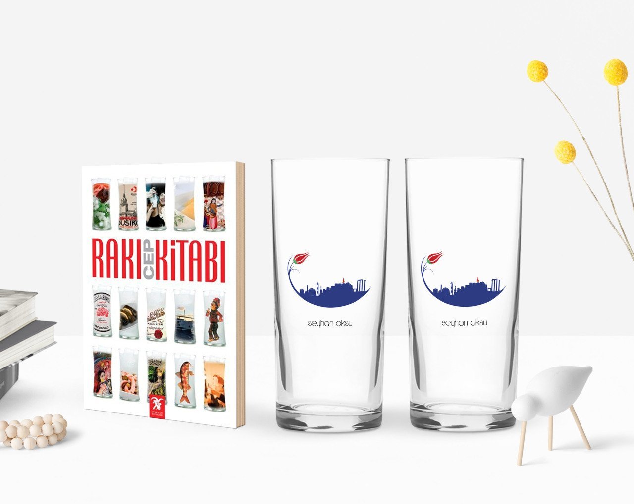 Kişiye Özel Renkli Baskılı Kütahya Tasarımlı Turistik İkili Rakı Bardağı ve Rakı Cep Kitabı Hediye Seti-1