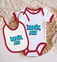 BK Kids Nabüün Bea Tasarımlı Kırmızı Bebek Body Zıbın ve Mama Önlüğü Hediye Seti-1