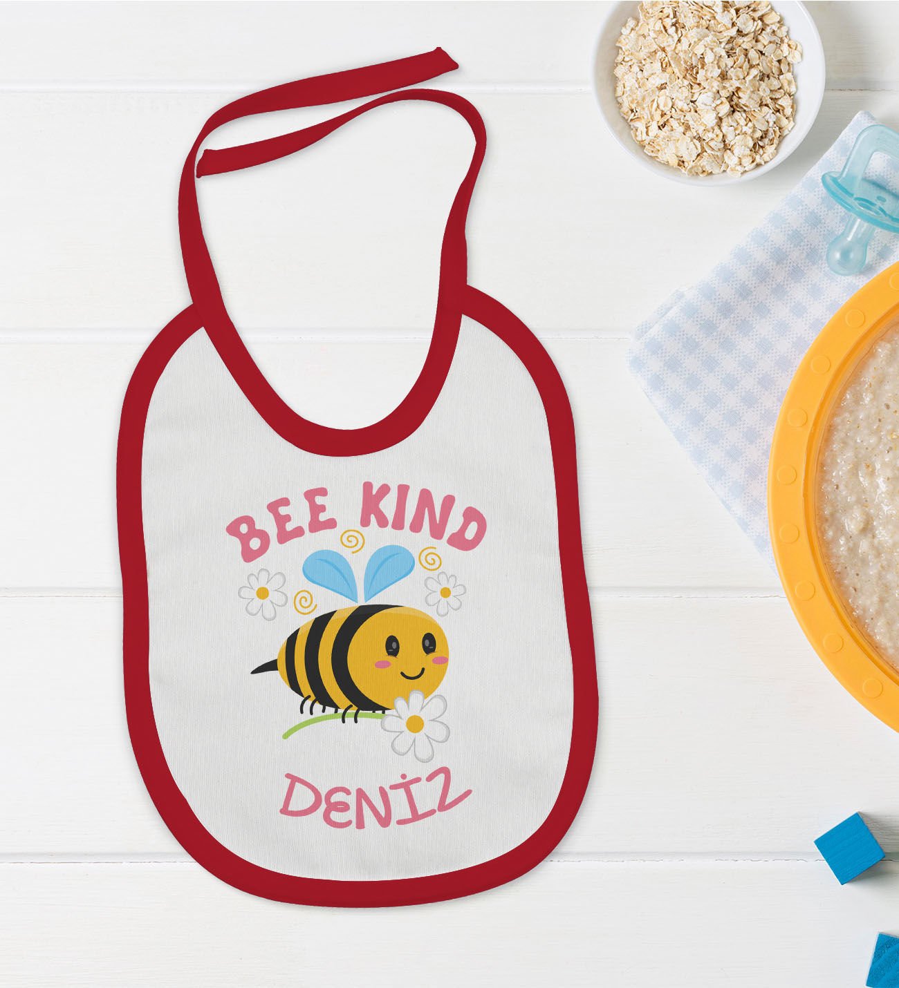 BK Kids Kişiye Özel Bee Kind Tasarımlı Kırmızı Bebek Mama Önlüğü-1