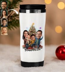 BK Gift Kişiye Özel Aile Yılbaşı Karikatürlü Çelik Termos Bardak - 10, Yılbaşı Hediyesi, Yeni Yıl Hediyesi