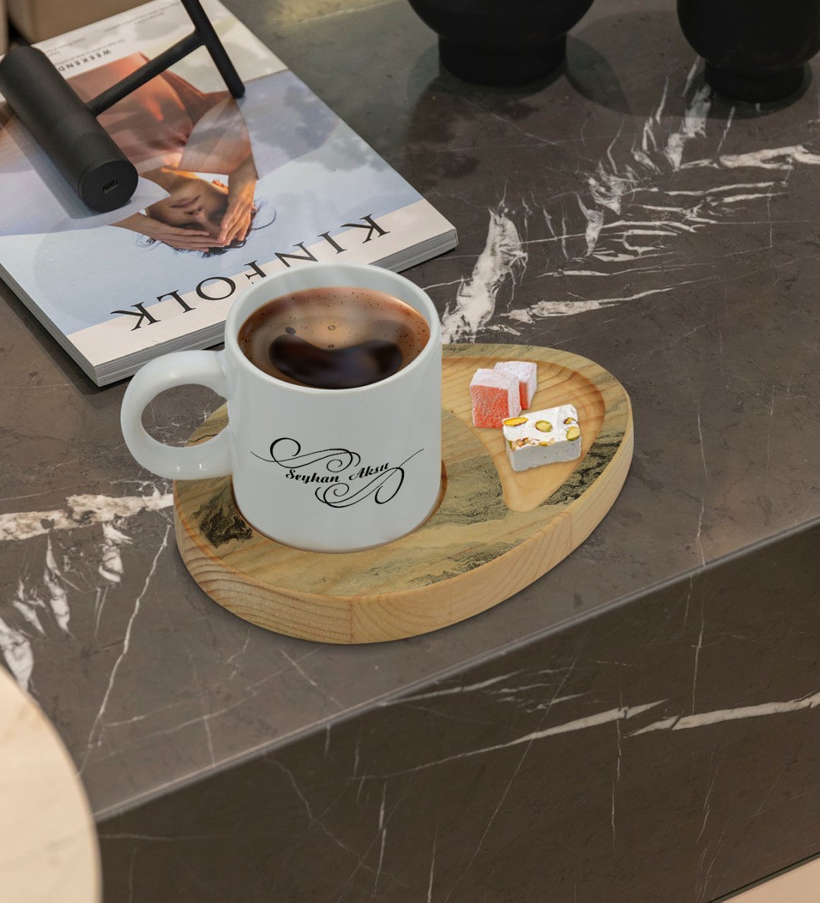 Kişiye Özel Mermer Tasarımlı Doğal Ahşap Tabaklı Türk Kahvesi Fincanı Sunum Seti Model 14