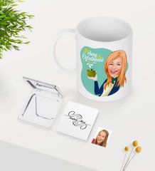 Kişiye Özel Bayan Sınıf Öğretmeni Karikatürlü Beyaz Kupa Ayna Seti-1