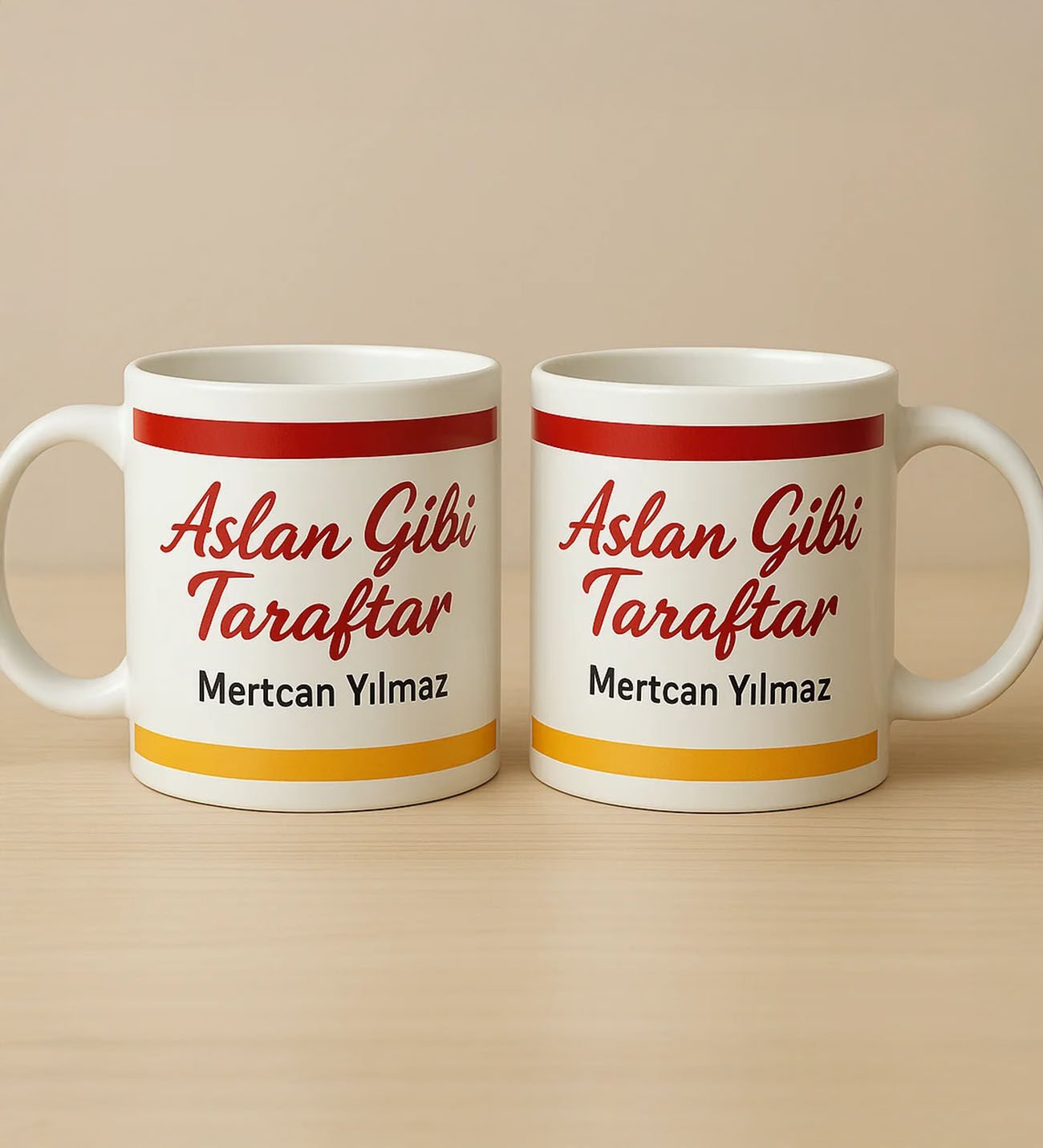 BK Gift Kişiye Özel Sarı Kırmızı Aslan Gibi Taraftar Tasarımlı 2'li Beyaz Kupa Bardak-1, Taraftar Hediyesi, Doğum Günü Hediyesi, Arkadaşa Hediye