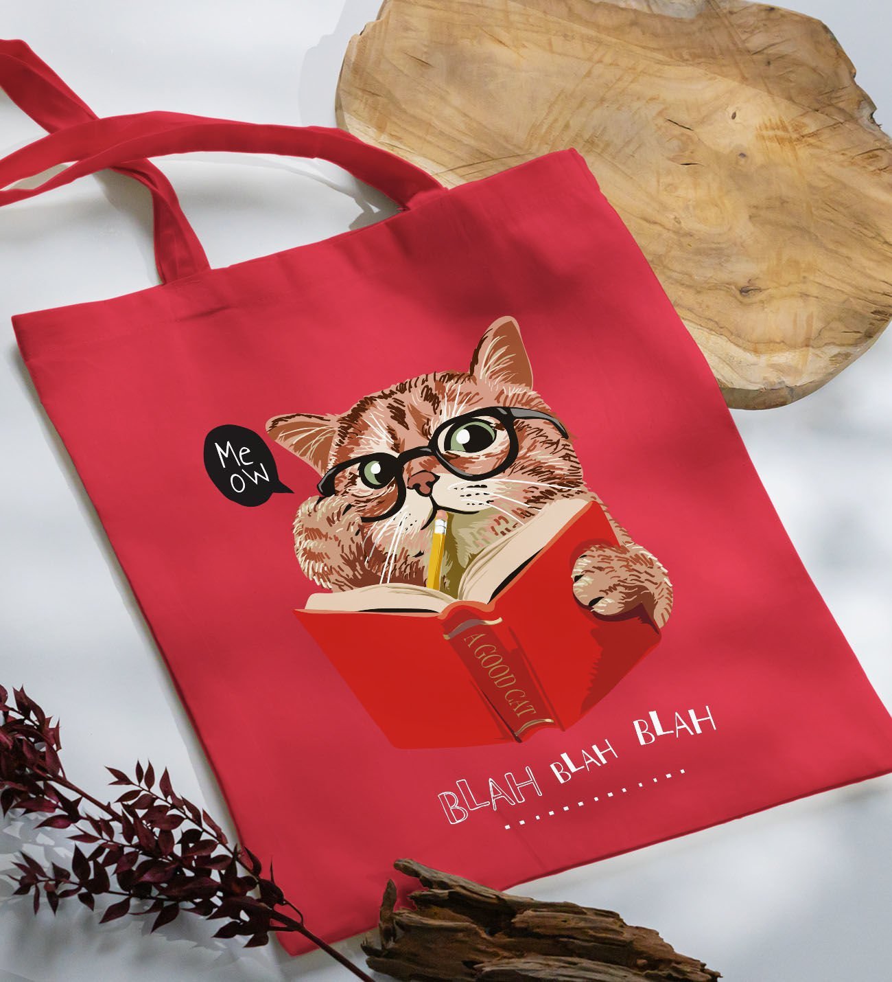 BK Gift Kedi Tasarımlı-5 Kırmızı Kumaş Bez Çanta, Baskılı Omuz Çantası, Alışveriş Çantası, Arkadaşa Hediye