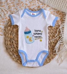 BK Kids Bana Sütümü Verin Tasarımlı Mavi Bebek Body Zıbın-1