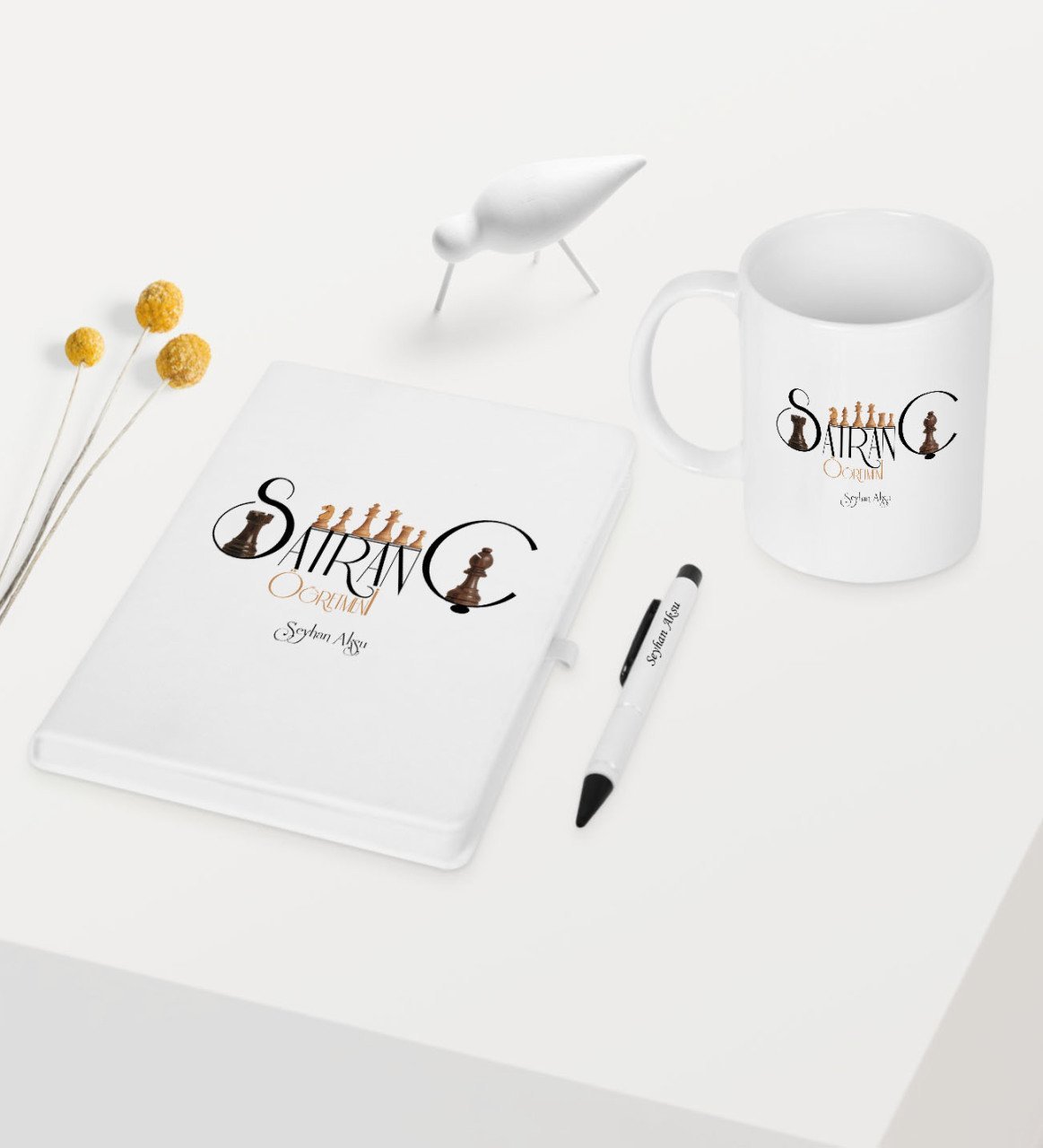 Kişiye Özel Satranç Öğretmeni Temalı Beyaz Defter Kalem Kupa Seti - 1