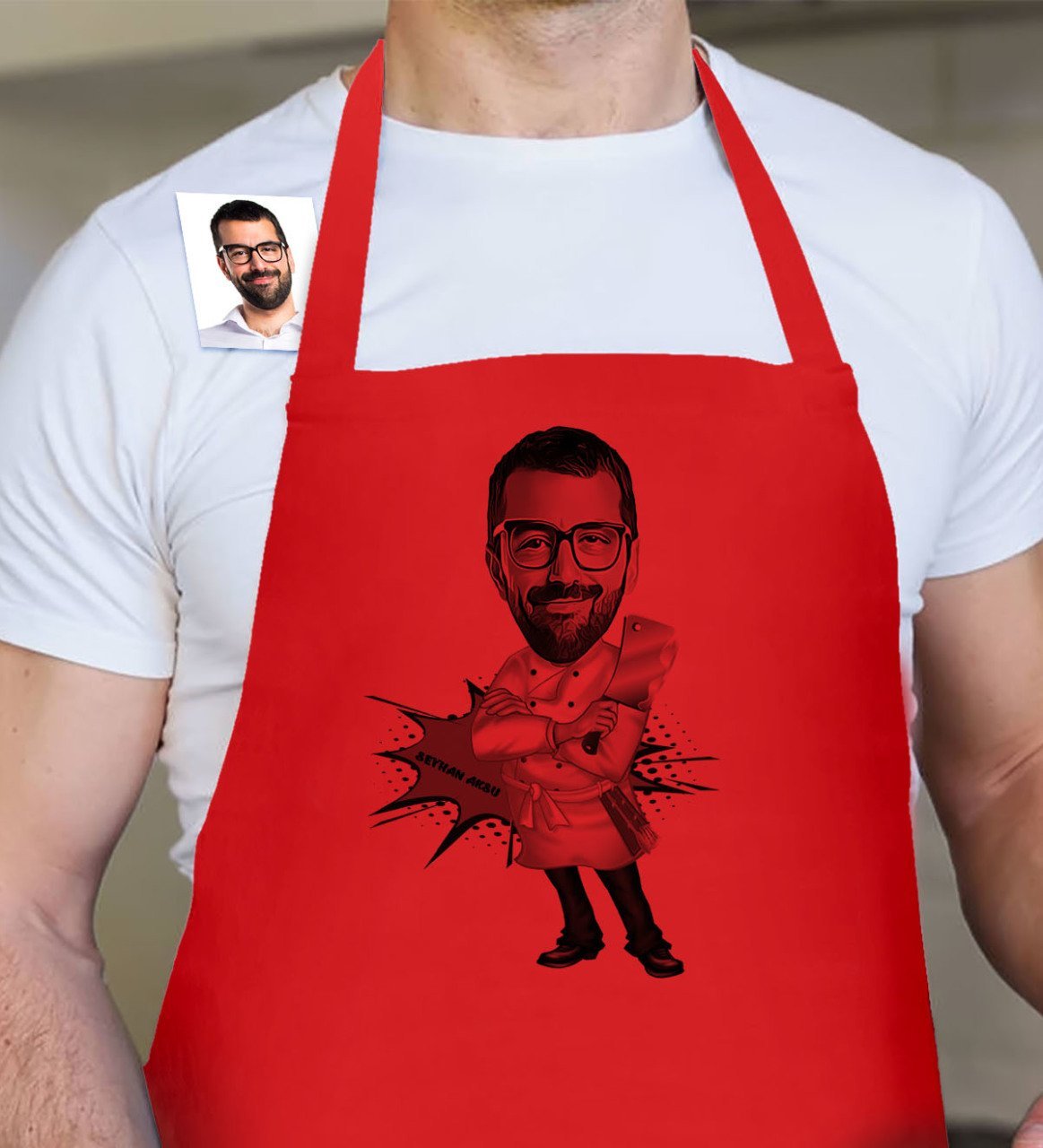 Kişiye Özel Bay Kasap Karikatür Kırmızı Mutfak Önlüğü - 1