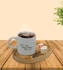 Kişiye Özel Mermer Tasarımlı Doğal Ahşap Tabaklı Türk Kahvesi Fincanı Sunum Seti Model 16