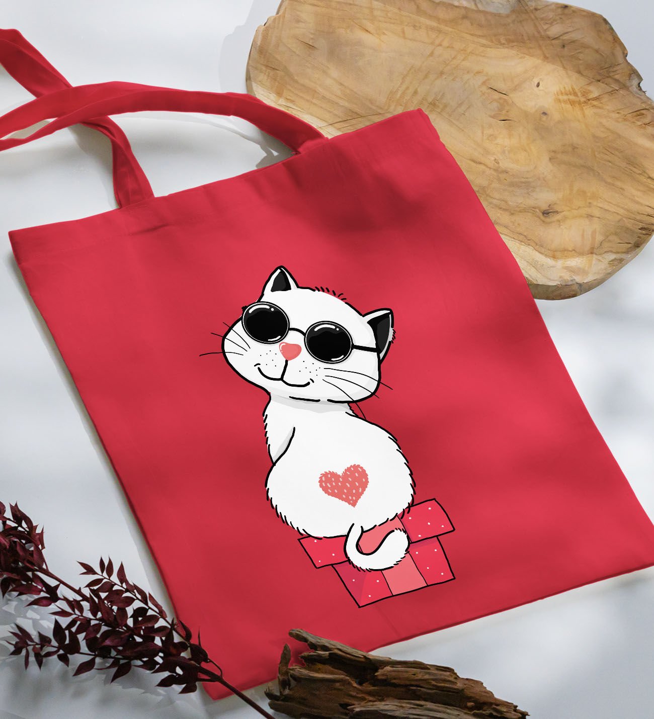 BK Gift Kedi Tasarımlı Kırmızı-6 Kumaş Bez Çanta, Baskılı Omuz Çantası, Alışveriş Çantası, Arkadaşa Hediye