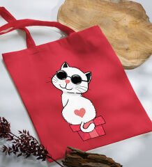 BK Gift Kedi Tasarımlı Kırmızı-6 Kumaş Bez Çanta, Baskılı Omuz Çantası, Alışveriş Çantası, Arkadaşa Hediye