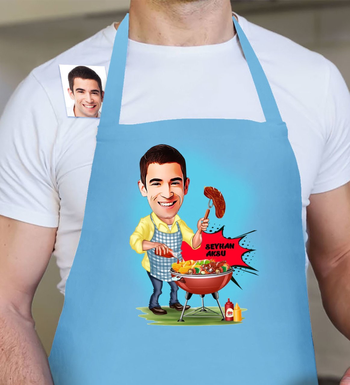 Kişiye Özel Bay Mangalcı Karikatür Mavi Mutfak Önlüğü - 1