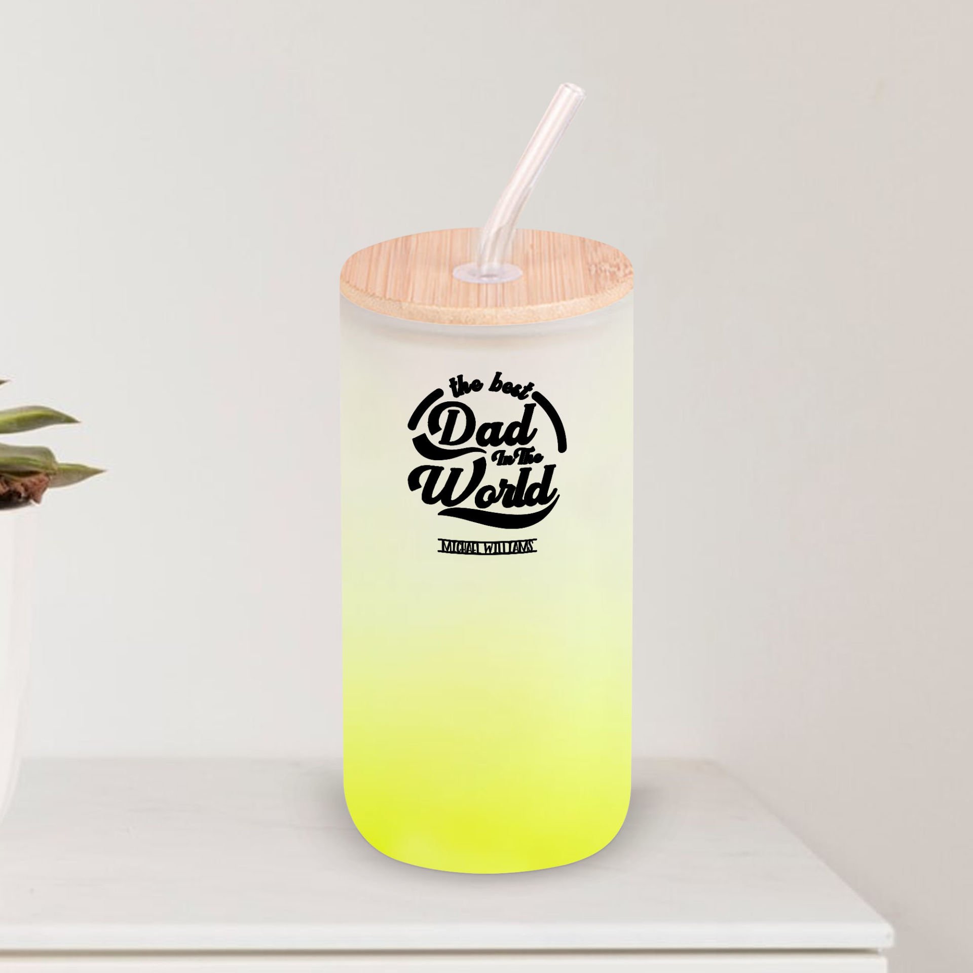 BK Gift İsimli Dad Tasarımlı Sarı Renk Pipetli Buzlu Cam Bardak 600ml - 6, Babaya Hediye, Doğum Günü Hediyesi