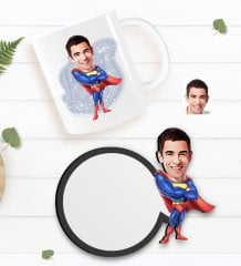 Kişiye Özel Süper Adam Karikatürlü Beyaz Kupa ve Ahşap Bardak Altlığı Hediye Seti-1