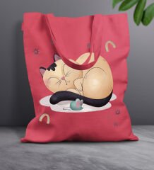 BK Gift Kedi Tasarımlı Kırmızı-7 Kumaş Bez Çanta, Baskılı Omuz Çantası, Alışveriş Çantası, Arkadaşa Hediye