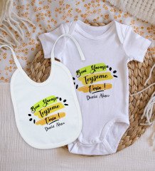 BK Kids Kişiye Özel Beni Yavaşça Teyzeme Verin Tasarımlı Bebek Body Zıbın ve Mama Önlüğü Hediye Seti - Model 1