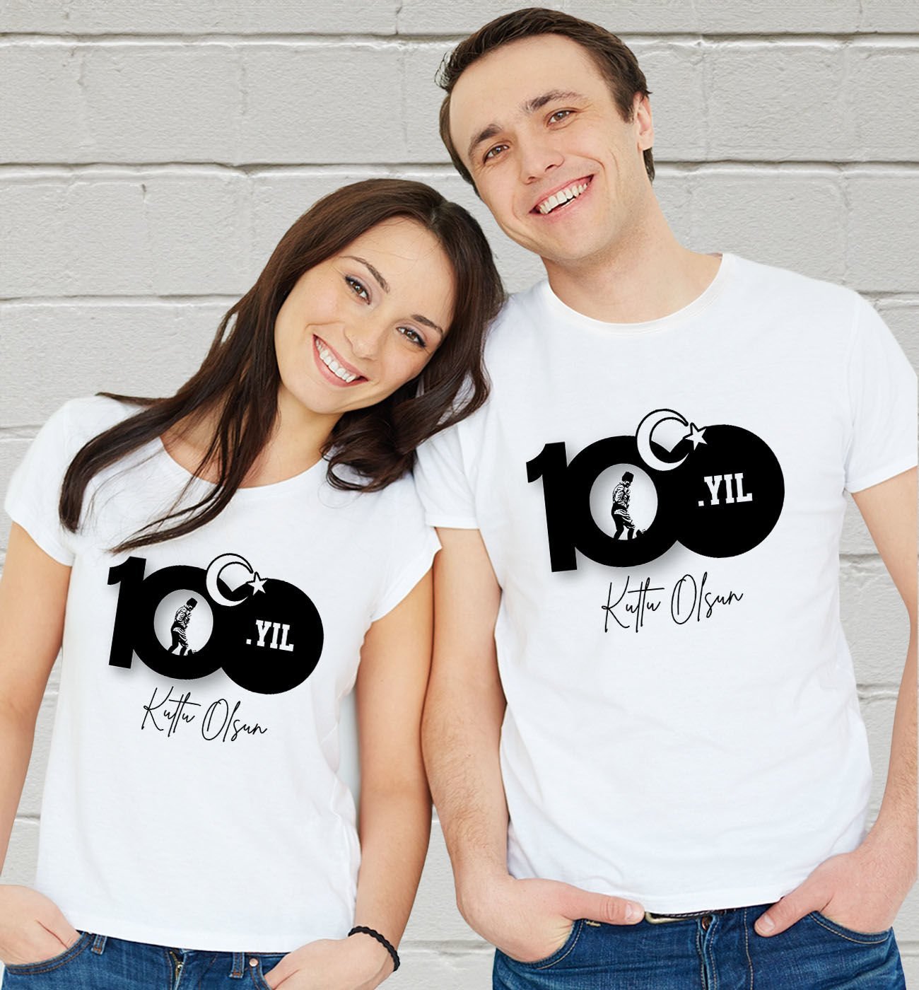 BK Gift 29 Ekim Tasarımlı 2’li Yetişkin Çift Beyaz Tişört-11, 29 Ekim Hediyesi, Trend Tişört, 100.Yıl Hediyesi