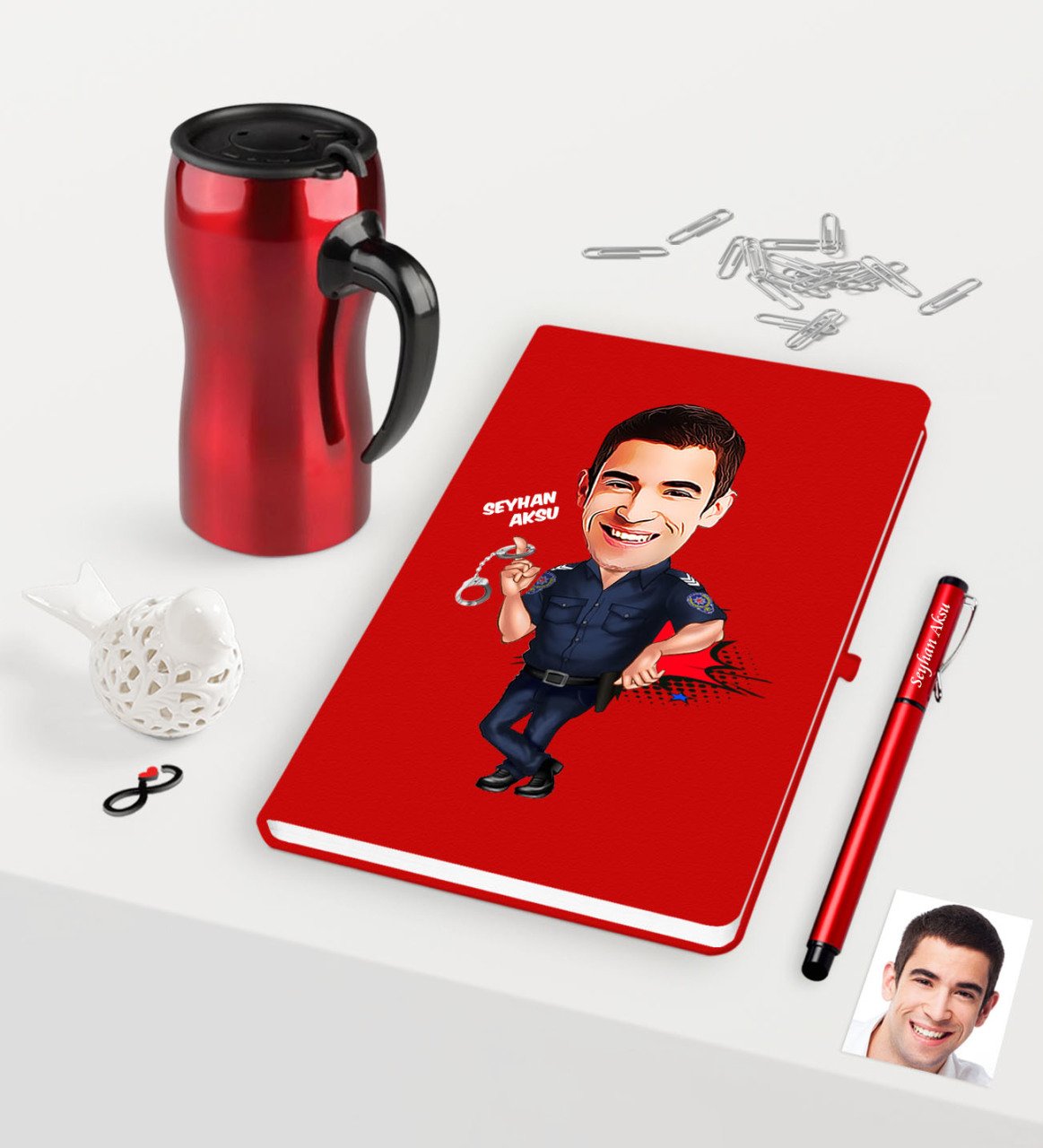 Kişiye Özel Bay Polis Karikatürlü Kırmızı Defter Kalem Termos Mug Seti - 2