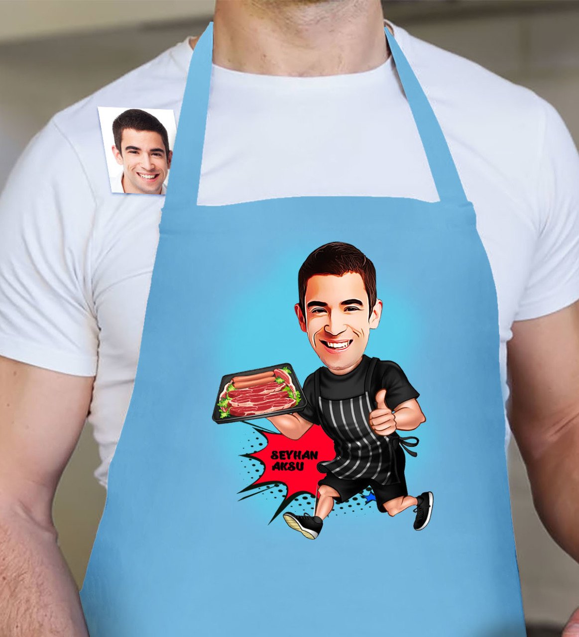 Kişiye Özel Bay Mangalcı Karikatür Mavi Mutfak Önlüğü - 2