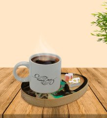 Kişiye Özel Mermer Tasarımlı Doğal Ahşap Tabaklı Türk Kahvesi Fincanı Sunum Seti Model 18