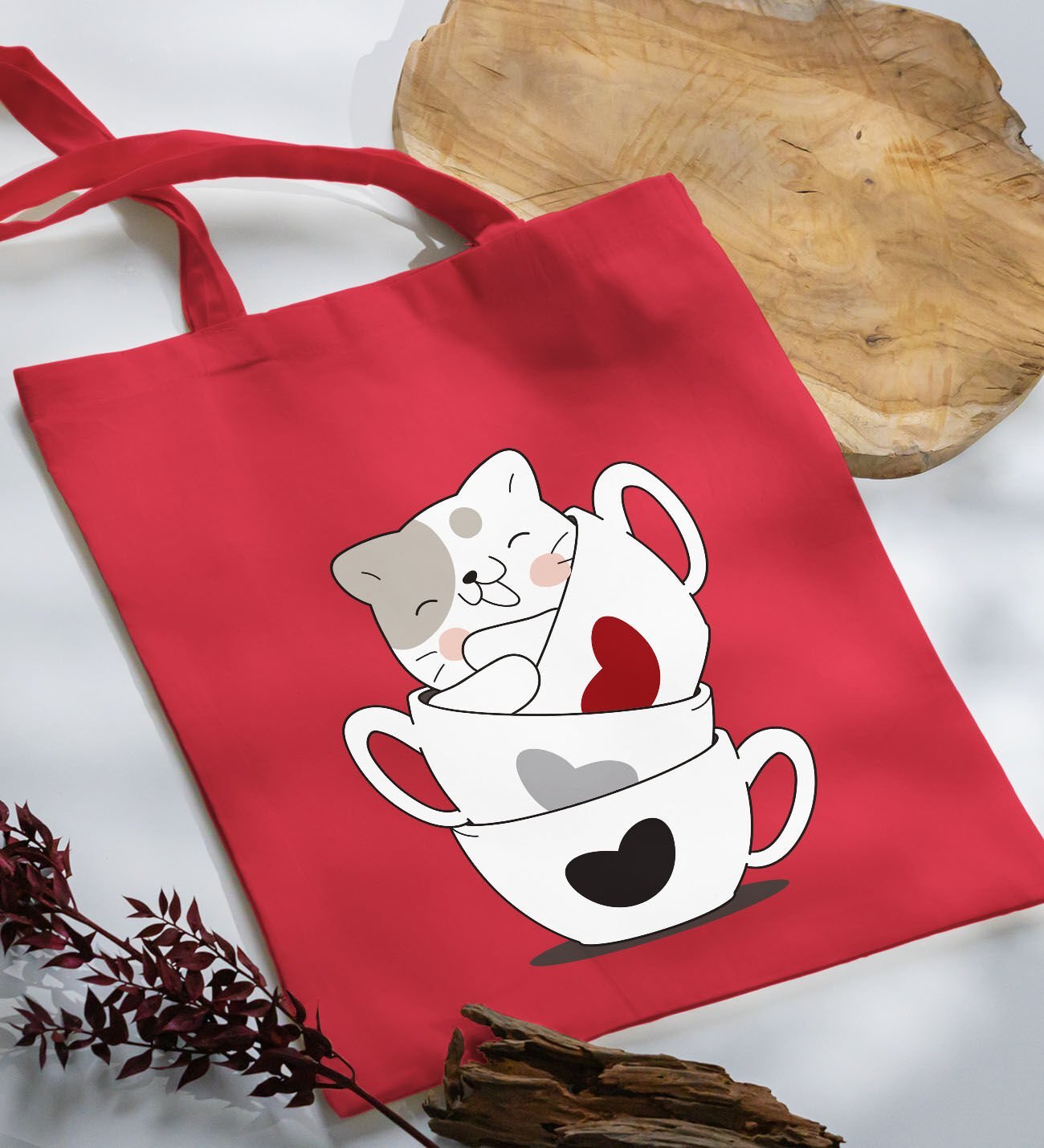 BK Gift Kedi Tasarımlı Kırmızı-10 Kumaş Bez Çanta, Baskılı Omuz Çantası, Alışveriş Çantası, Arkadaşa Hediye