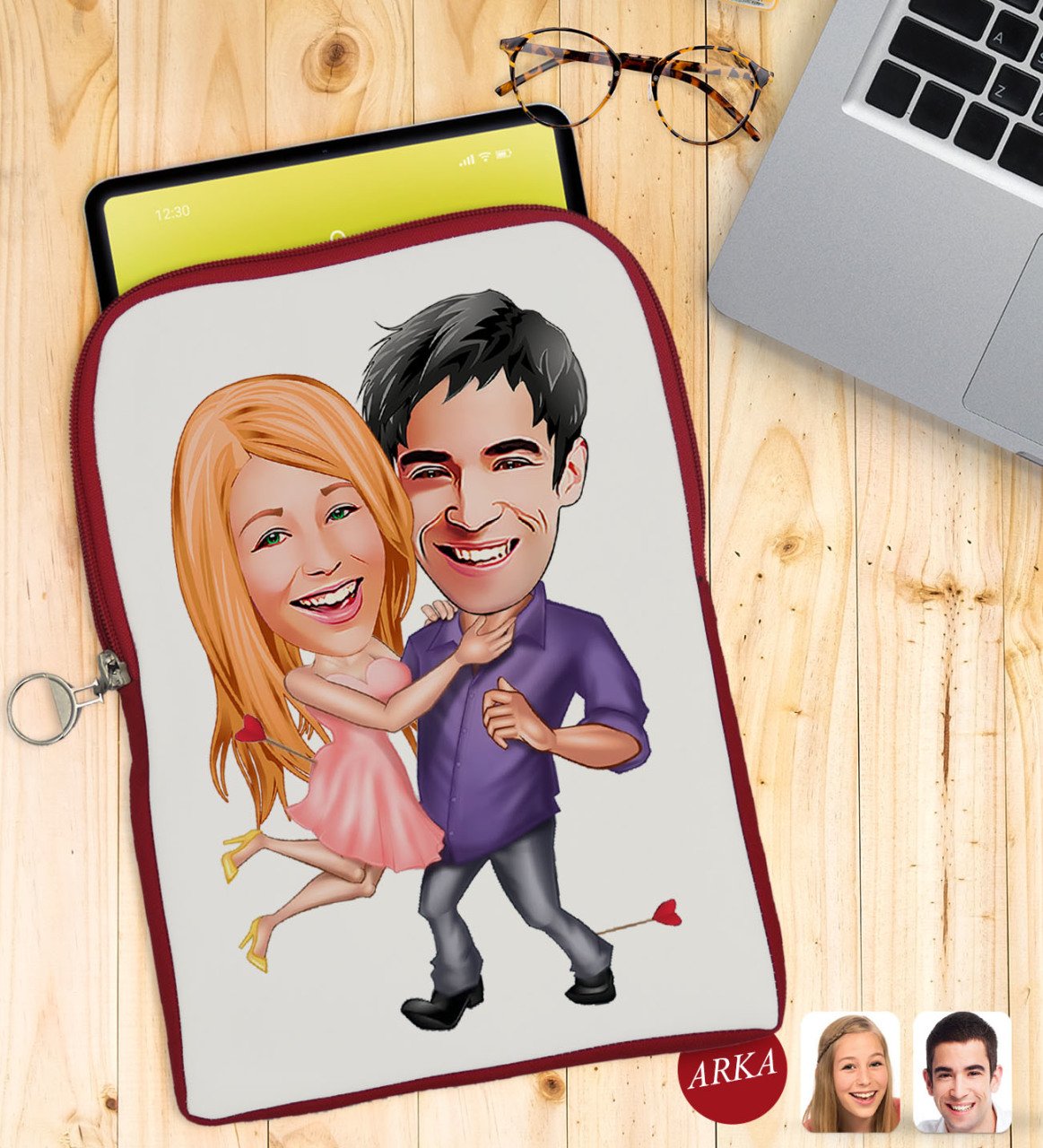 Kişiye Özel Sevgililer Karikatürlü Taşınabilir Koruyucu Tablet Kılıfı & Organizer Çanta - Kırmızı-3