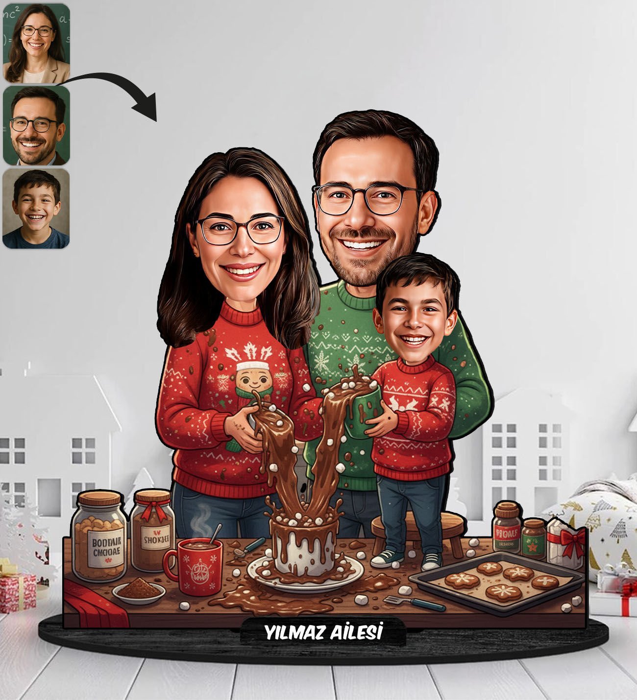 BK Gift Kişiye Özel Aile Yılbaşı Tasarımlı Karikatür Biblo -3, Yılbaşı Hediyesi, Yeni Yıl Hediyesi