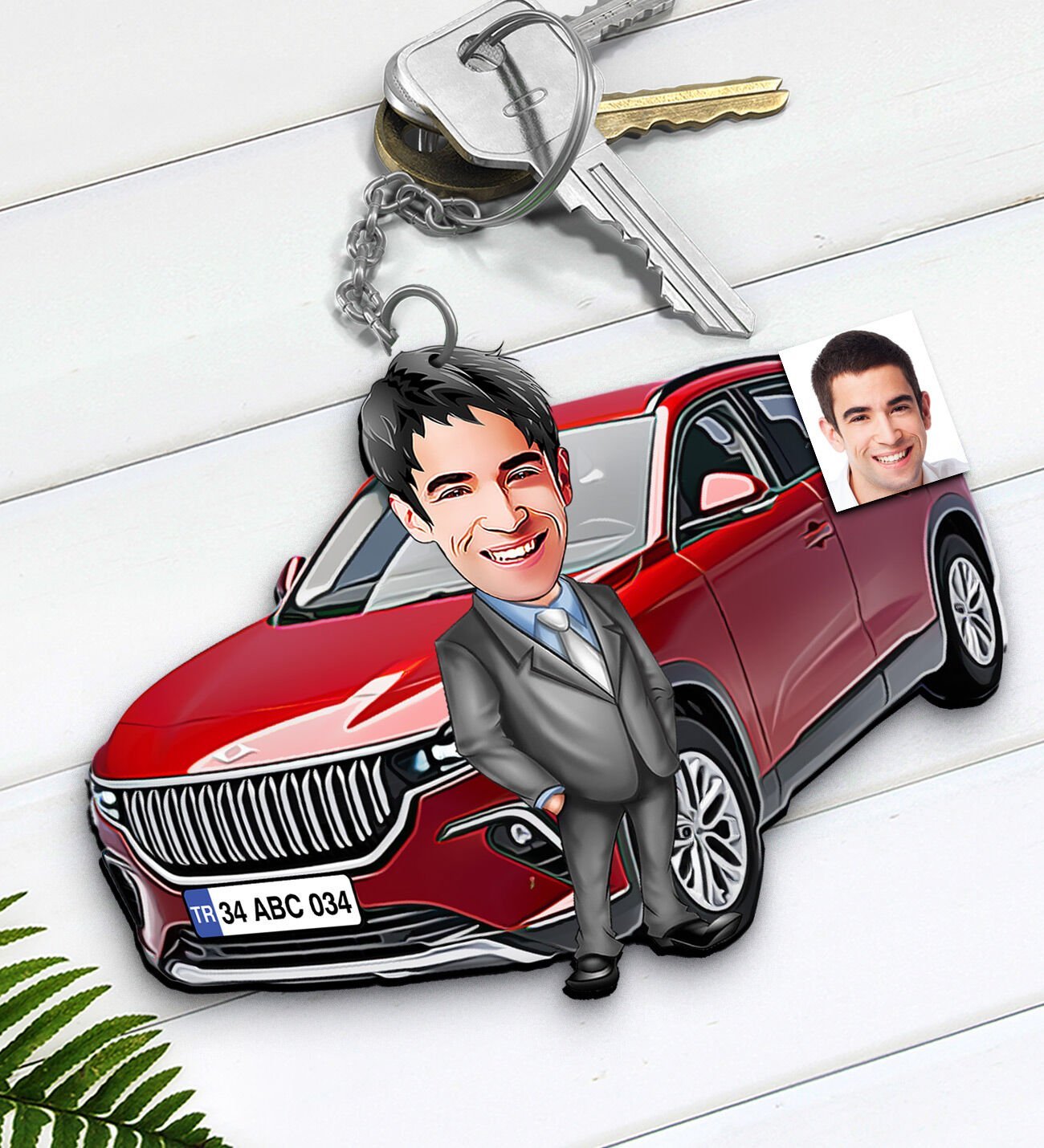 BK Gift Kişiye Özel Erkek Togg Figürlü Plakalı Ahşap Karikatür Anahtarlık-1, Arkadaşa Hediye, Araba Hediyesi, Sevgiliye Hediye