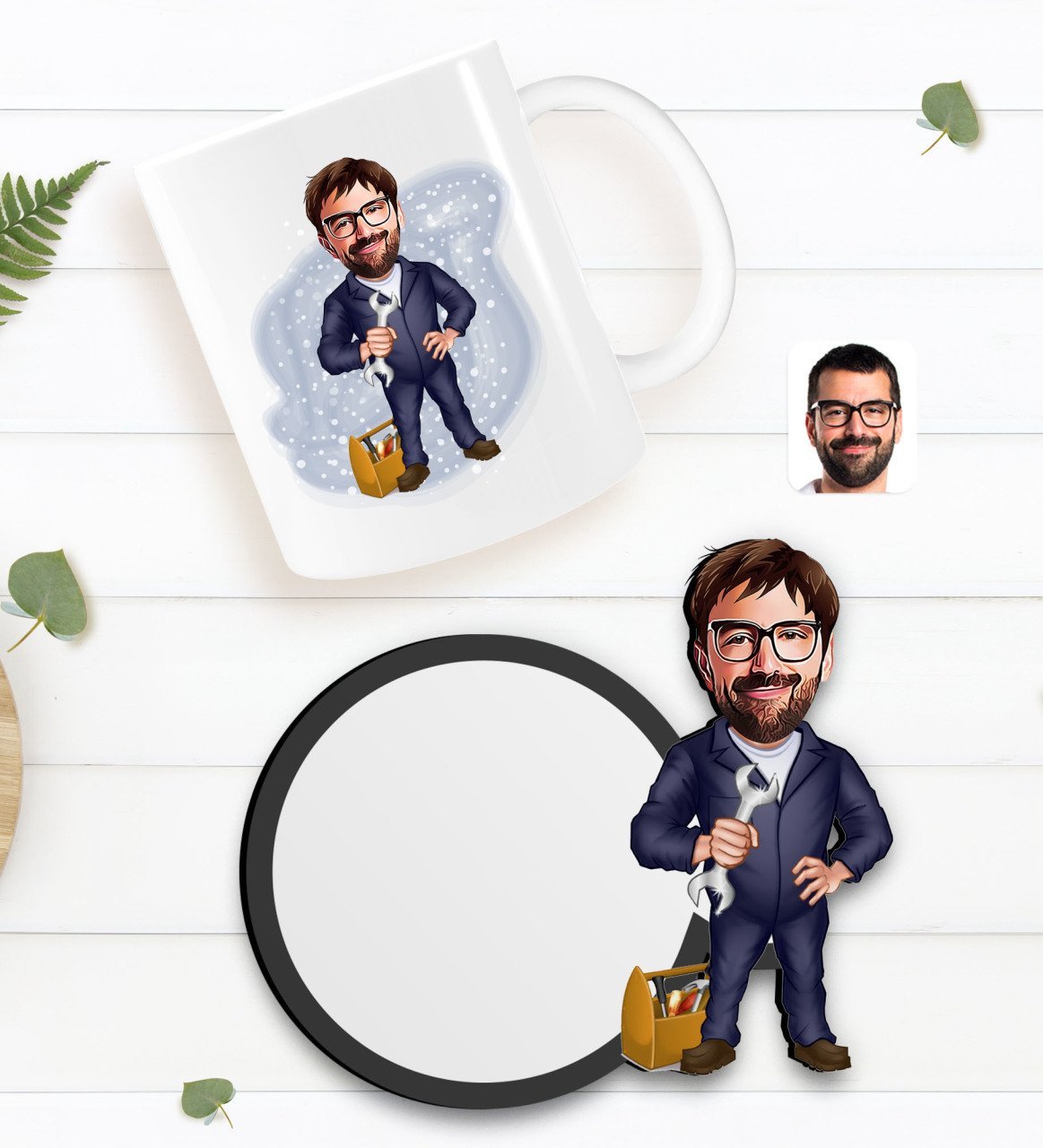 Kişiye Özel Tamirci Karikatürlü Beyaz Kupa ve Ahşap Bardak Altlığı Hediye Seti-1