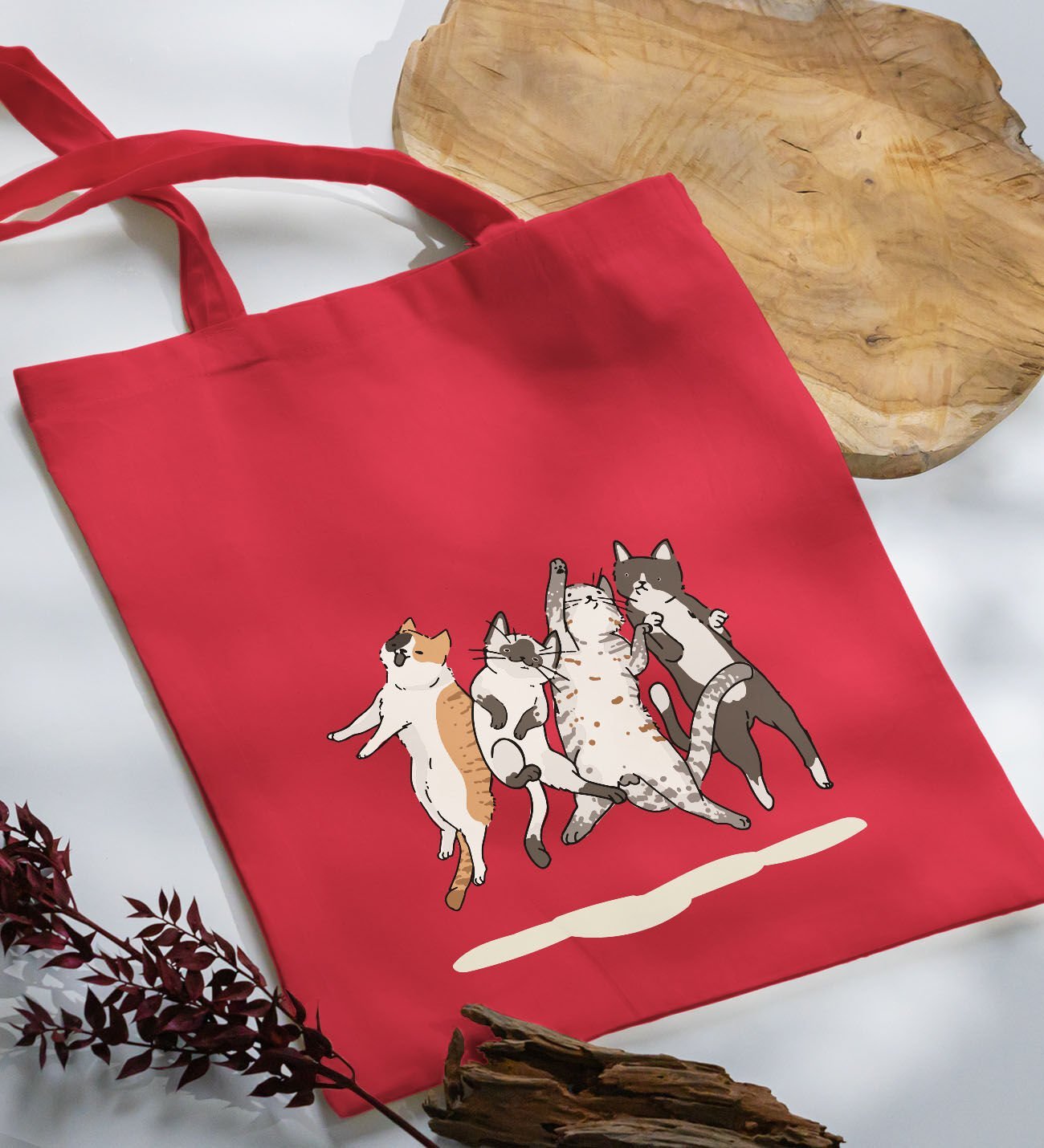 BK Gift Kediler Tasarımlı Kırmızı-2 Kumaş Bez Çanta, Baskılı Omuz Çantası, Alışveriş Çantası, Arkadaşa Hediye