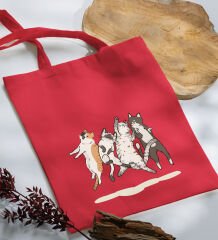 BK Gift Kediler Tasarımlı Kırmızı-2 Kumaş Bez Çanta, Baskılı Omuz Çantası, Alışveriş Çantası, Arkadaşa Hediye