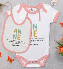 BK Kids Kişiye Özel Anne Tasarımlı Pembe Bebek Body Zıbın ve Mama Önlüğü Hediye Seti