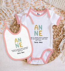 BK Kids Kişiye Özel Anne Tasarımlı Pembe Bebek Body Zıbın ve Mama Önlüğü Hediye Seti