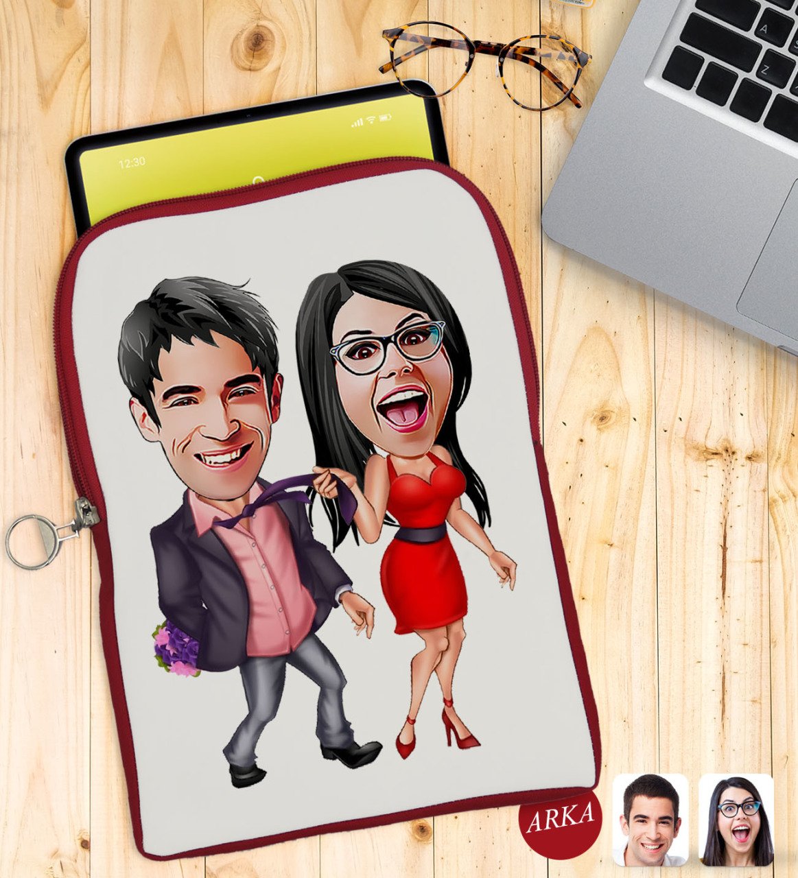 Kişiye Özel Sevgililer Karikatürlü Taşınabilir Koruyucu Tablet Kılıfı & Organizer Çanta - Kırmızı-4
