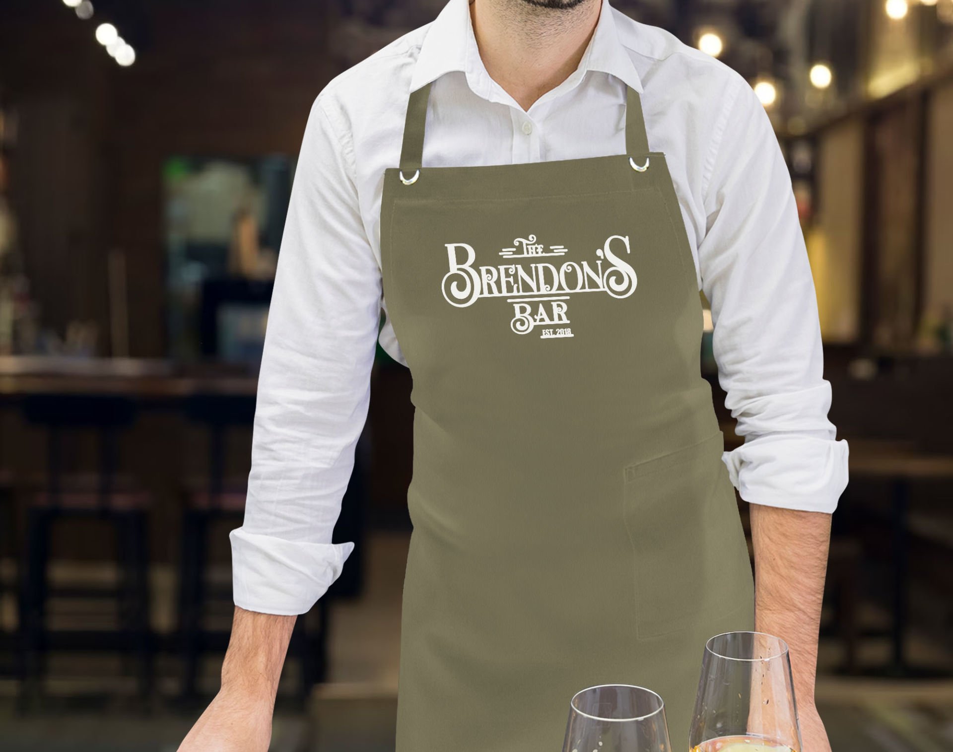 BK Gift Kişiye Özel İsimli Tarihli Bar Tasarımlı Profesyonel Haki Yeşil Mutfak Önlüğü, Aşçı Önlüğü, Şef Önlüğü, Arkadaşa Hediye-5