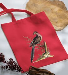 BK Gift Kuş Tasarımlı Kırmızı-1 Kumaş Bez Çanta, Baskılı Omuz Çantası, Alışveriş Çantası, Arkadaşa Hediye