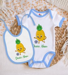 BK Kids Kişiye Özel Futbol Tasarımlı Mavi Bebek Body Zıbın ve Mama Önlüğü Hediye Seti-3