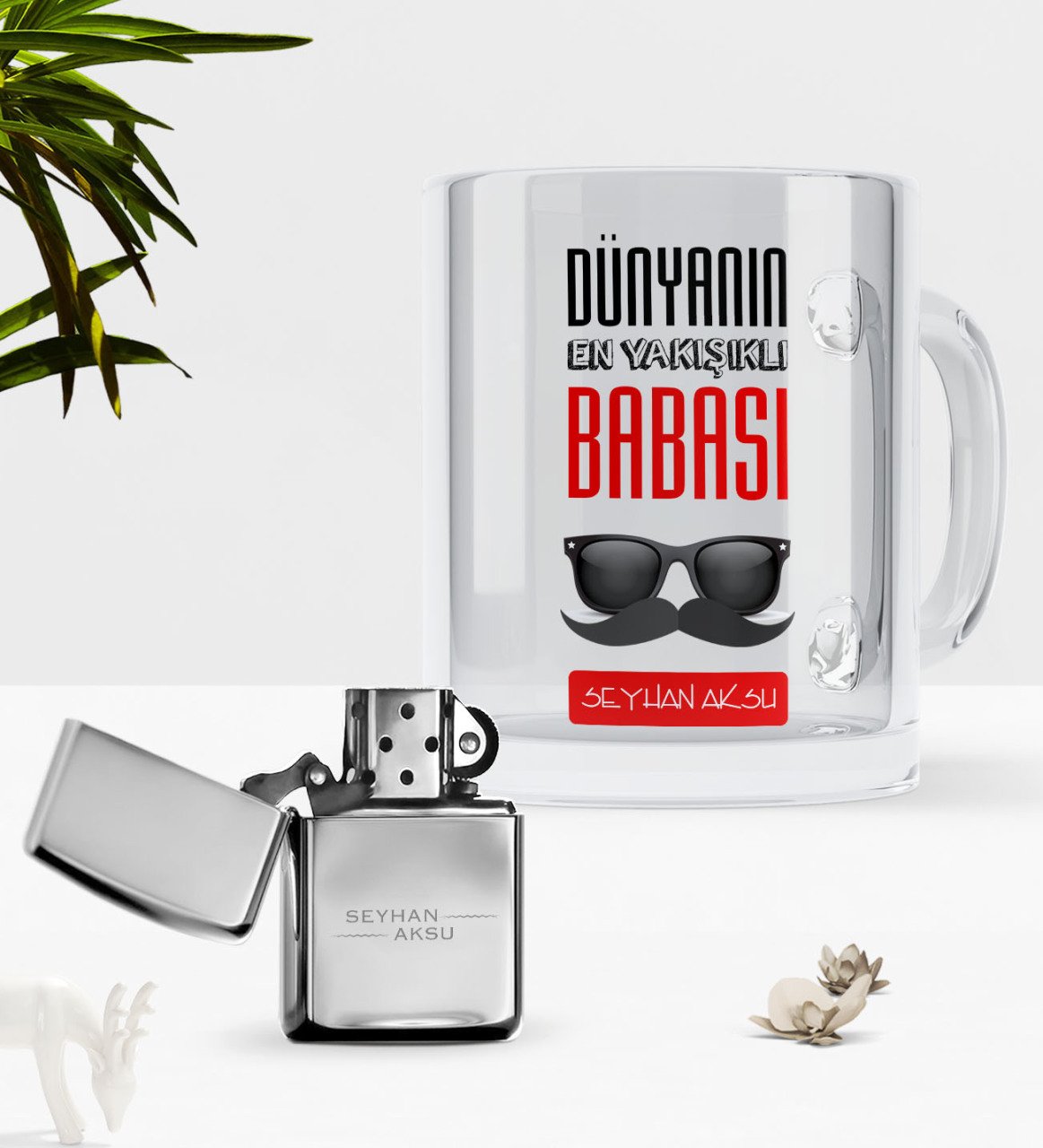 Kişiye Özel Dünyanın En Yakışıklı Babası Cam Kupa Bardak Benzinli Metal Çakmak Seti-2
