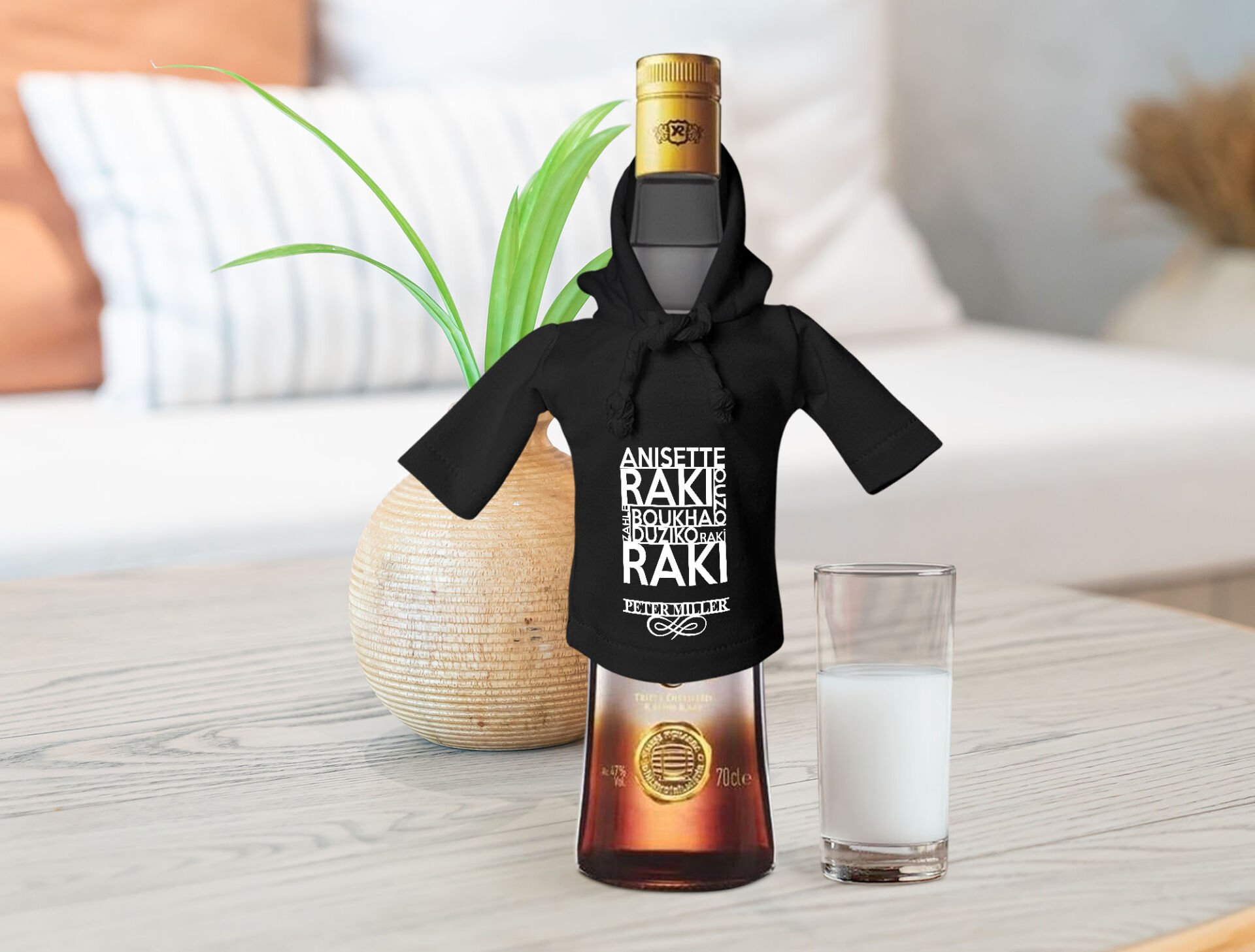 BK Gift Kişiye Özel Mini Siyah İçki Şişesi Tişörtü , Ev Bar Dekoru, Rakı, Rakı Şişesi Tişörtü, Ev Barı-3