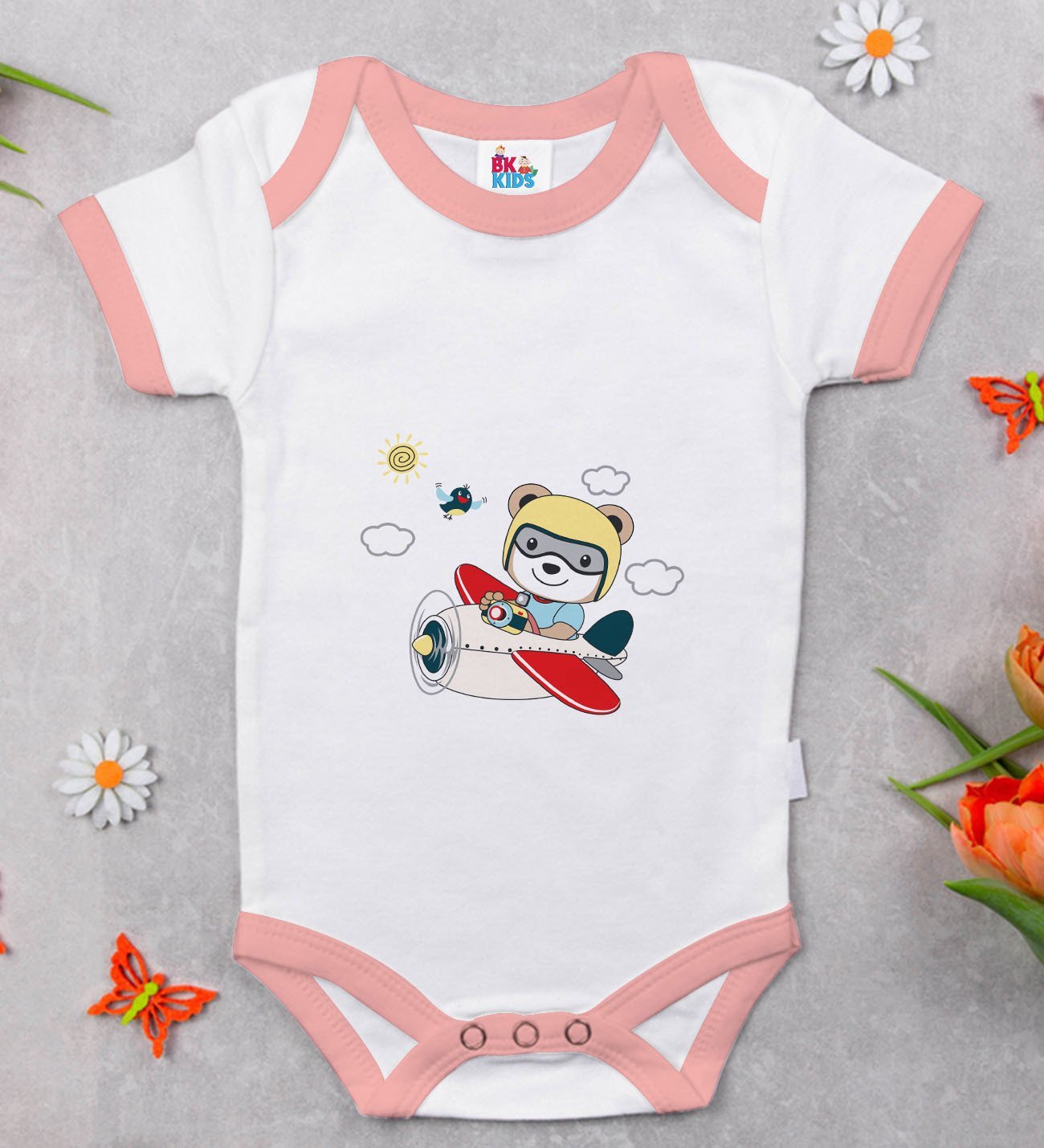 BK Kids Sevimli Pilot Tasarımlı Pembe Bebek Body Zıbın-1