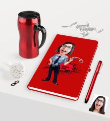 Kişiye Özel Bayan Polis Karikatürlü Kırmızı Defter Kalem Termos Mug Seti