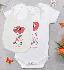 BK Kids Kişiye Özel Benim Halam Bir Başka Tasarımlı Bebek Body Zıbın ve Mama Önlüğü Hediye Seti - Model 1