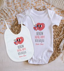 BK Kids Kişiye Özel Benim Halam Bir Başka Tasarımlı Bebek Body Zıbın ve Mama Önlüğü Hediye Seti - Model 1