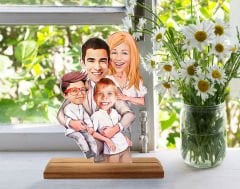 BK Gift Kişiye Özel Aile Karikatürlü Ahşap Standlı Pleksi Biblo-10 , Aileye Hediye , Arkadaşa Hediye