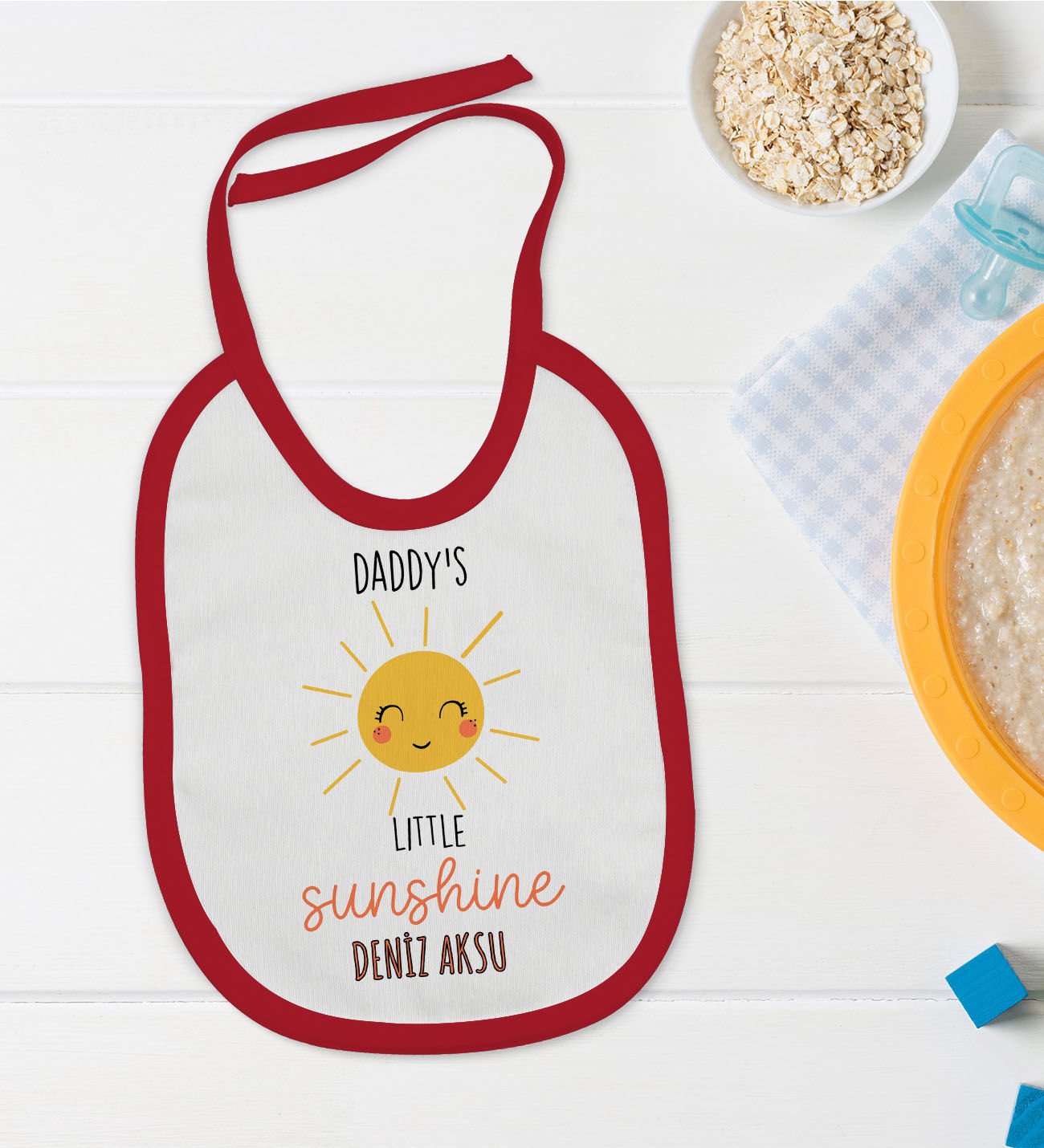 BK Kids Kişiye Özel Daddy's Little Sunshine Tasarımlı Kırmızı Bebek Mama Önlüğü-1