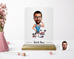 Kişiye Özel Erkek Fitness Sporcusu Karikatürlü Ahşap Standlı Çerçeve