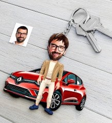 Kişiye Özel Bay Renault Clio Figürlü Plakalı Ahşap Karikatür Anahtarlık-2