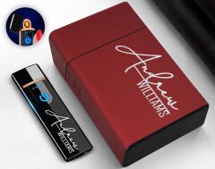 BK Gift Kişiye Özel Kırmızı Sigara Tabakası ve Elektronik Dokunmatik Alevsiz Şarjlı Çakmak Hediye Seti-5, Metal Sigara Tabakası, Elektronik Çakmak