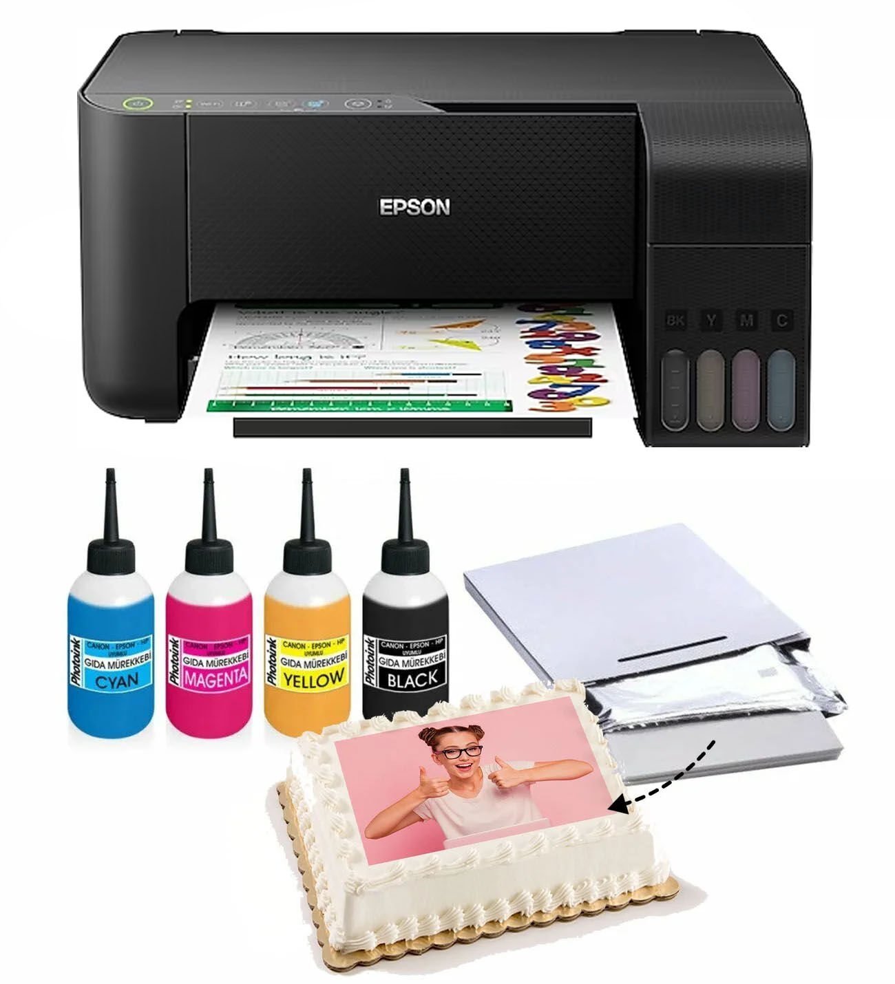 RESİMLİ PASTA YAZICISI -Epson L3250  Gıda Mürekkepli BİTMEYEN KARTUŞ SİSTEMİ