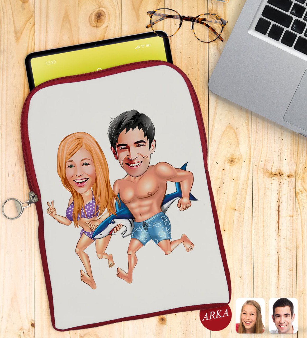 Kişiye Özel Sevgililer Karikatürlü Taşınabilir Koruyucu Tablet Kılıfı & Organizer Çanta - Kırmızı-8
